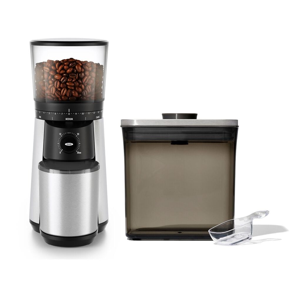 Conical Burr Coffee Grinder & Steel Coffee POP Container (1.7 Qt) with Scoop Bundle G9