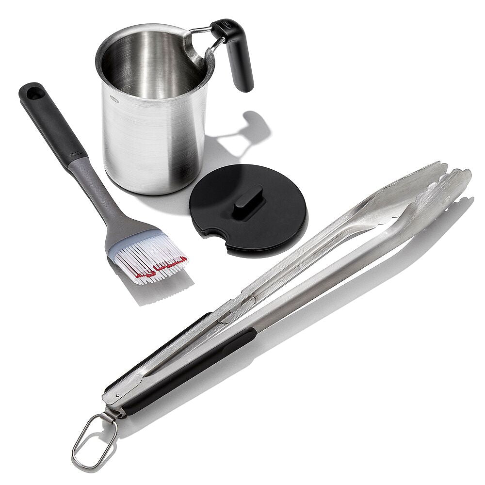 Grilling Basting Pot and Brush Set & Grilling Tongs with Built-In Bottle Opener Bundle Z4
